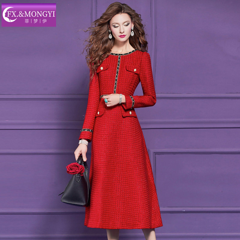 菲梦伊原创钉珠红色连衣裙女冬季复古轻熟名媛小香风收腰A字裙子,淘宝优惠券,粉丝福利购,淘宝优惠卷