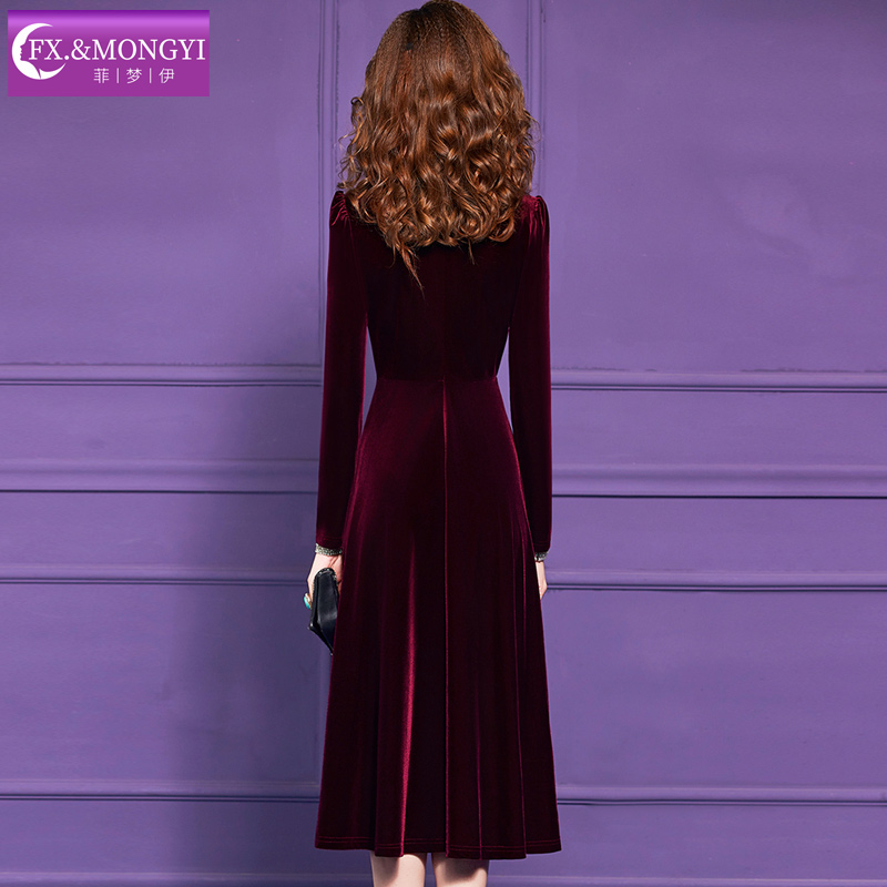 菲梦伊钉珠蓝色金丝绒连衣裙女冬季复古洋气收腰中长款打底裙礼服 - 图2