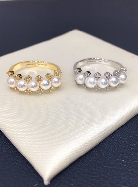 极光淡水珍珠锆石五珠排戒女