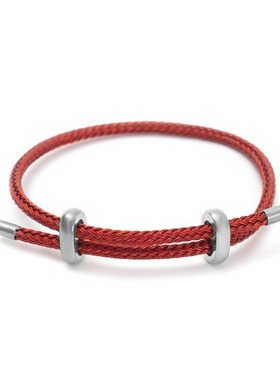 3mm钛钢原色八字扣双向可调节防水钢丝绳手链银白色8字钢丝红手绳