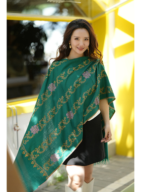 NagarNan-Pashmina 80C工坊Stole尺寸手纺线设计款刺绣手工披肩
