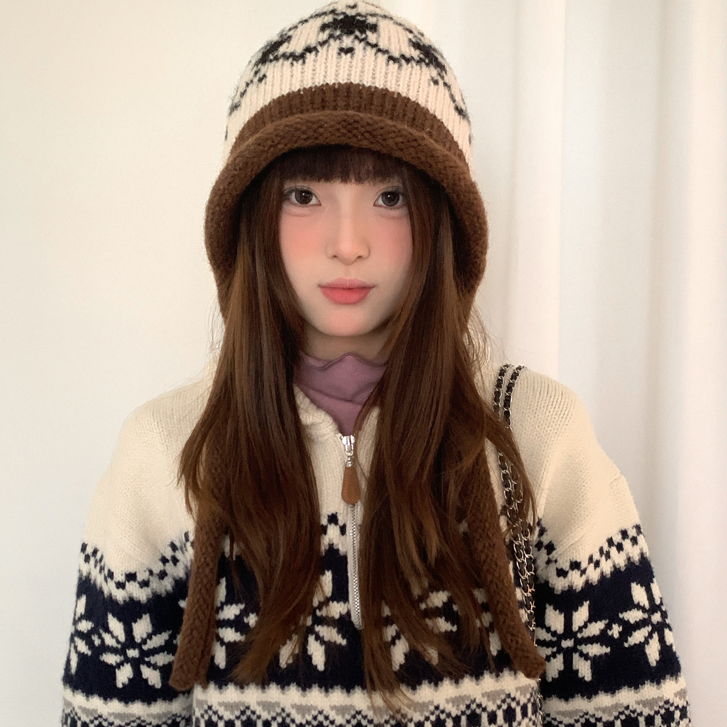 费尔岛拼色提花针织毛线帽子女冬季复古大头围绑带保暖护耳包头帽,淘宝优惠券,粉丝福利购,淘宝优惠卷