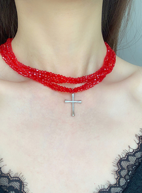 多层黑色串珠十字架项链时尚百搭