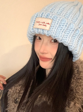 秋冬季韩系大头围蓝色针织帽女