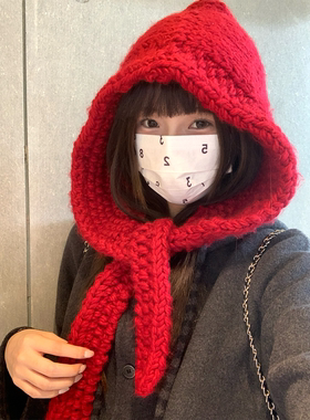 韩系粗毛线红色针织巴拉克拉法帽