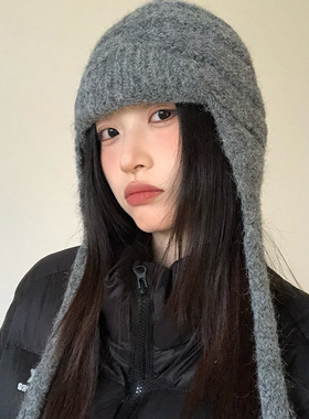 秋冬韩系灰色护耳显脸小毛线帽女
