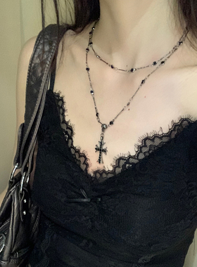 个性百搭黑色长款双层十字架项链