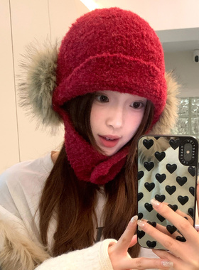 复古棕色毛绒雷锋帽子女冬季