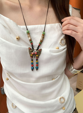 新中式撞色串珠蝴蝶吊坠项链女