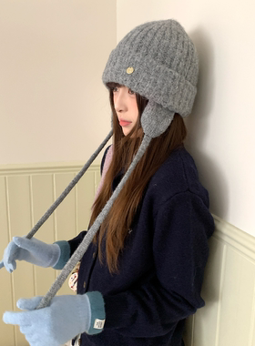 韩系含羊毛灰色护耳针织帽子女