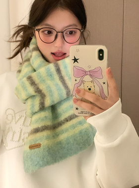 韩版秋冬针织撞色条纹围巾女百搭