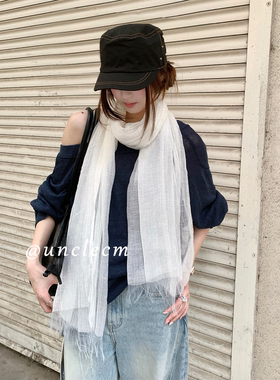 韩系褶皱双层流苏纯色系脖丝巾女
