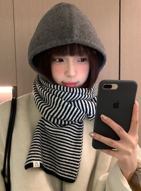 韩系条纹针织小围巾女款冬季