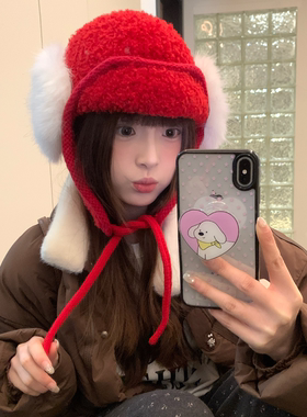 新年红色毛绒针织雷锋帽子女冬季