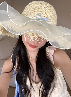 大帽檐蕾丝蝴蝶结草帽女遮阳