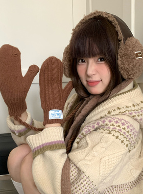 可触屏韩系多巴胺毛线连指手套女