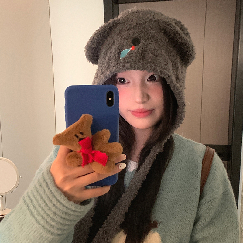 可爱考拉毛绒针织毛线帽子女秋冬季保暖护耳套头帽绑带显脸小加厚 - 图0