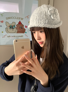 韩系手工钩织立体花朵毛线帽子女