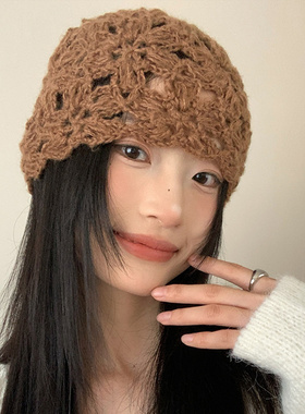 韩系甜美花朵镂空针织包头帽子女