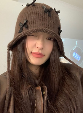 可爱女秋冬蝴蝶结针织帽保暖护耳