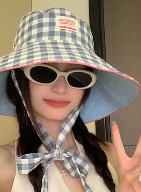 韩版格子系带渔夫帽大帽檐显脸小