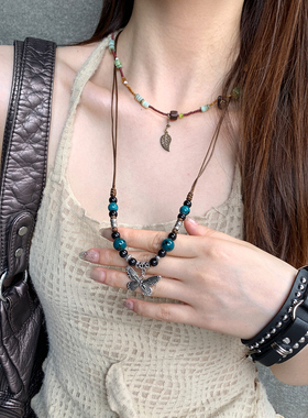 复古陶瓷串珠蝴蝶吊坠项链女