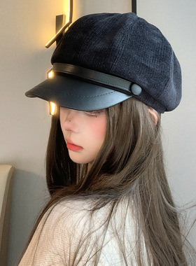 秋冬复古英伦风八角帽子时尚百搭大头围皮檐云朵画家帽报童帽女