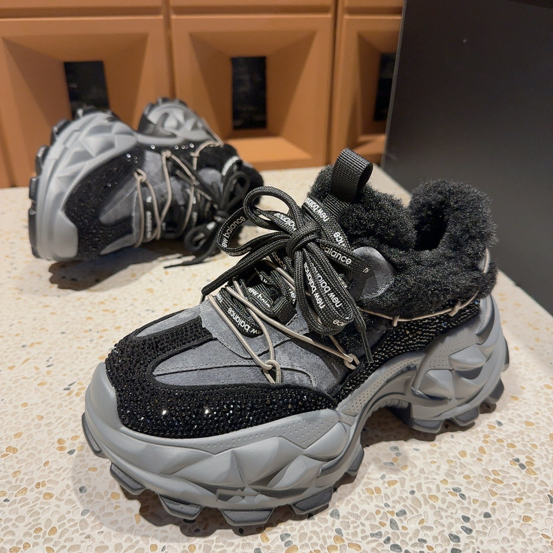 欧货重工水钻厚底毛毛老爹鞋女2025撞色满钻高帮棉鞋休闲运动潮鞋,淘宝优惠券,粉丝福利购,淘宝优惠卷