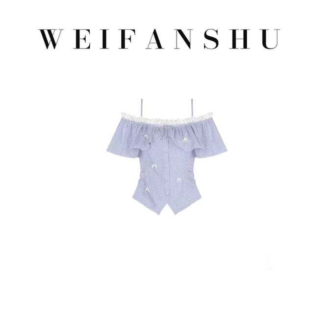 Fanshu Light Luxury Light Oxygen Diary 2026 Summer New Off-Shoulder Blue and White Plaid Suit Lace Splicing Top Shorts