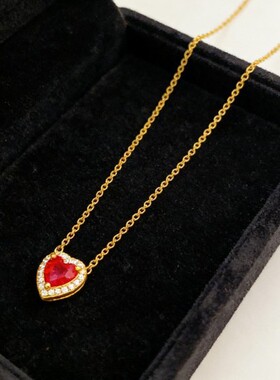铜镀真金吊坠新款轻奢微镶锆石红色爱心项链气质甜美百搭跨境爆款