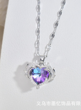 跨境爆款海洋之心项链女欧美时尚钛钢锁骨链爱心炫彩水晶吊坠颈链