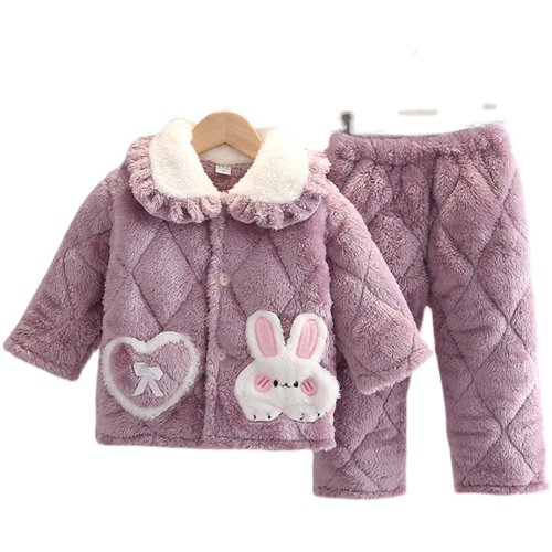 冬季儿童睡衣法兰绒加厚夹棉套装女童宝宝长毛绒小白兔保暖家居服 - 图3