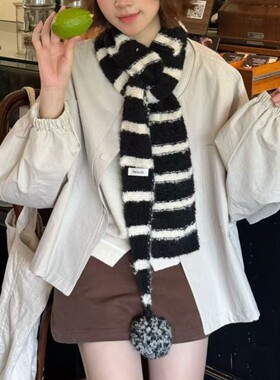 条纹线条韩版时尚球球三角羊毛围巾女秋冬休闲百搭护颈披肩围脖潮