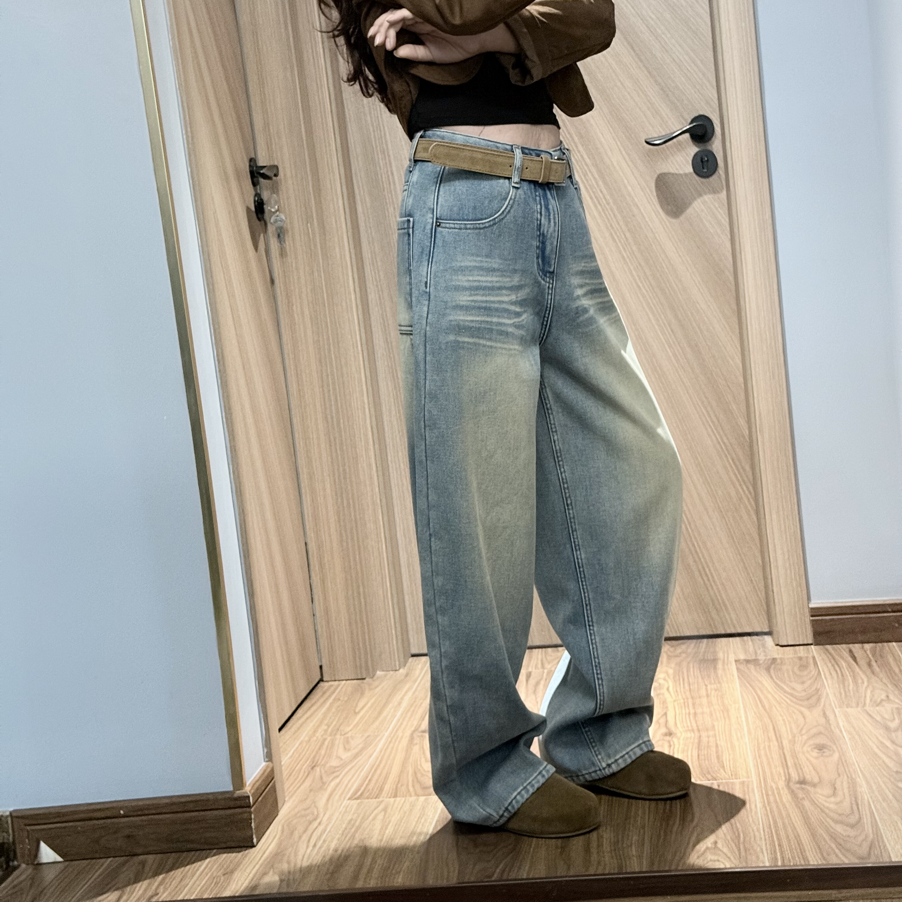 JEANS 8323 冬季复合厚绒2025新款高腰宽松无弹美式弯刀牛仔裤女A,淘宝优惠券,粉丝福利购,淘宝优惠卷