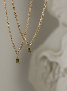 XL567 鲸雨饰品 橄榄绿色系费加罗欧美锁链方钻吊坠项链钛钢镀18K