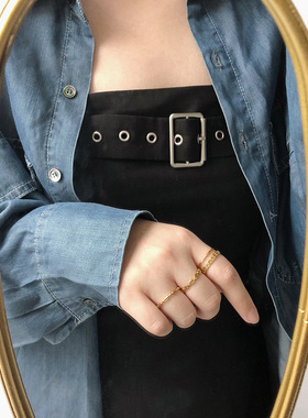 欧美双层戒指镂空线条钛钢18K金