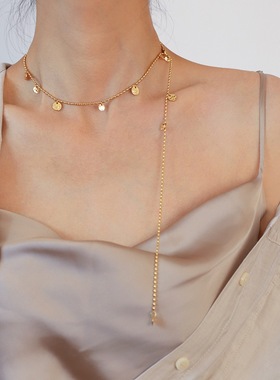 XL526 中古许愿池金币闪闪亮片圆珠毛衣链秋冬项链 钛钢银色鲸雨