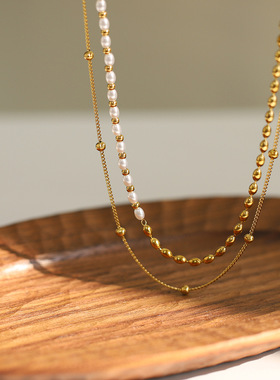 XL600 机械姬 拼接珍珠项链米珠秋冬新款仿珍珠首饰 钛钢镀18K金