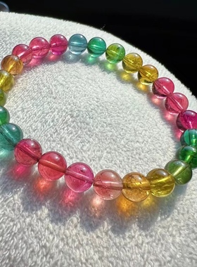 玻璃体彩虹碧玺手链 圆珠卢比莱柠檬黄 糖果色马卡龙戒面级手串