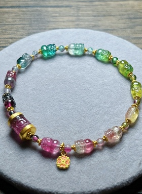 炫彩彩虹碧玺貔貅手链~天然西瓜碧玺双色~24k足金烧蓝~回纹桶珠