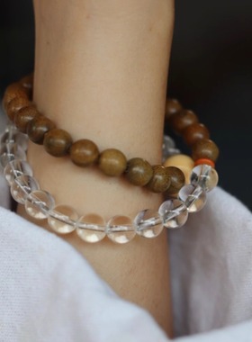 秋分·半两温柔原创新中式绿檀木手链女天然白水晶檀香手串男礼物