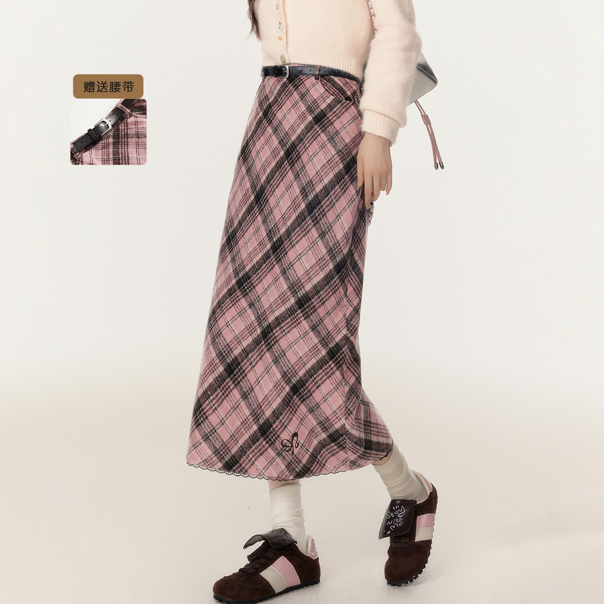 EPTISON半身裙女2025冬季新款复古学院磨毛保暖格纹时尚直筒裙子 - 图1