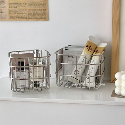 ins正方形不锈钢银色收纳筐桌面杂物置物篮化妆品整理篮子收纳盒 - 图3