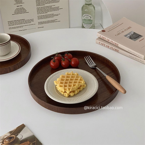复古圆形木质托盘茶盘桌面餐具水杯收纳盘摆件家用餐盘餐具水果盘 - 图2
