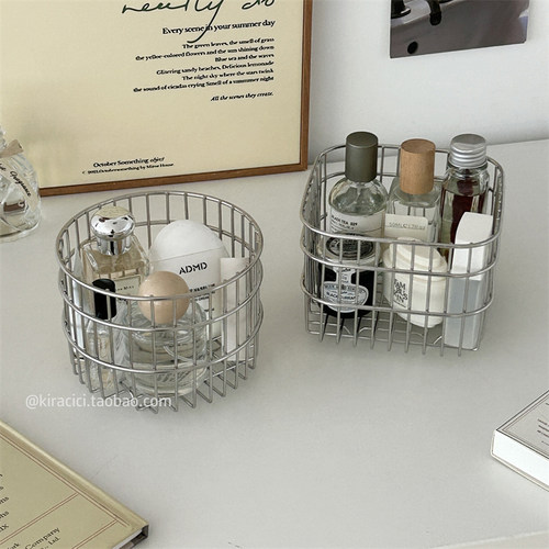 ins正方形不锈钢银色收纳筐桌面杂物置物篮化妆品整理篮子收纳盒 - 图1