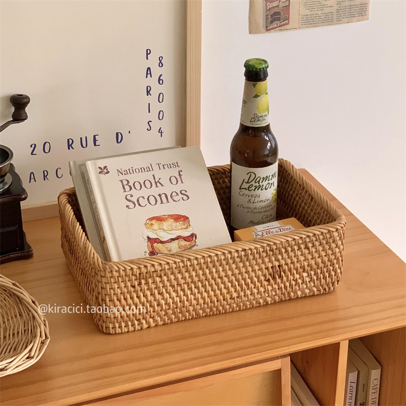 复古藤编长方形收纳筐编织收纳盒桌面化妆品整理盒茶几杂物置物篮,淘宝优惠券,粉丝福利购,淘宝优惠卷