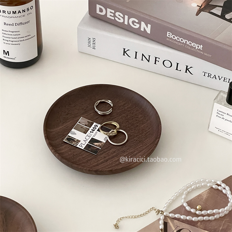 复古胡桃木桌面木质收纳盘实木圆形首饰小托盘饰品展示整理置物盘 - 图2