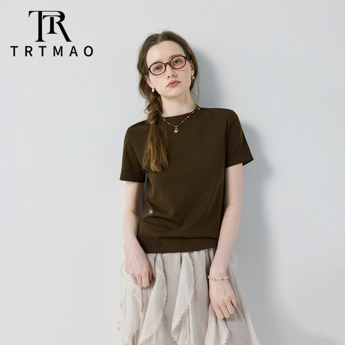 TRTMAO原创时尚老钱风圆领短袖T恤女夏新款休闲百搭通勤穿搭上衣 - 图0