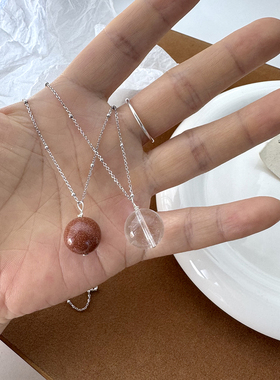 s925纯银韩版ins风白水晶金砂石灯泡珠简约轻奢百搭女款项链