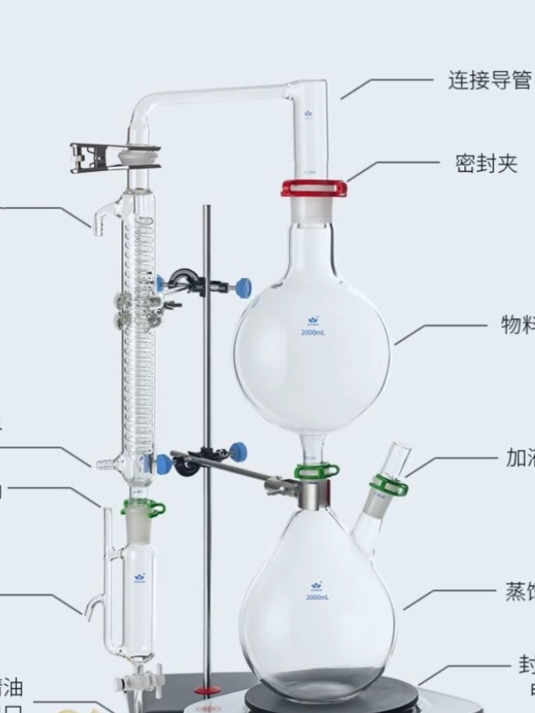 精油提取分离器装置蒸汽蒸馏设备 2000ml二颈烧瓶 格雷厄姆冷凝器 - 图0